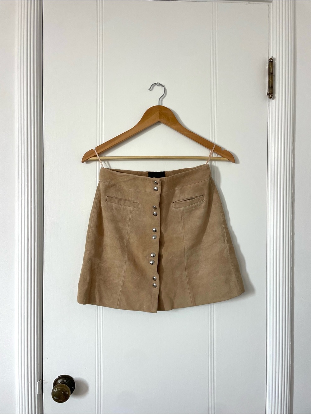 INTERMIX Tan Suede Button-Front A-Line Mini Skirt